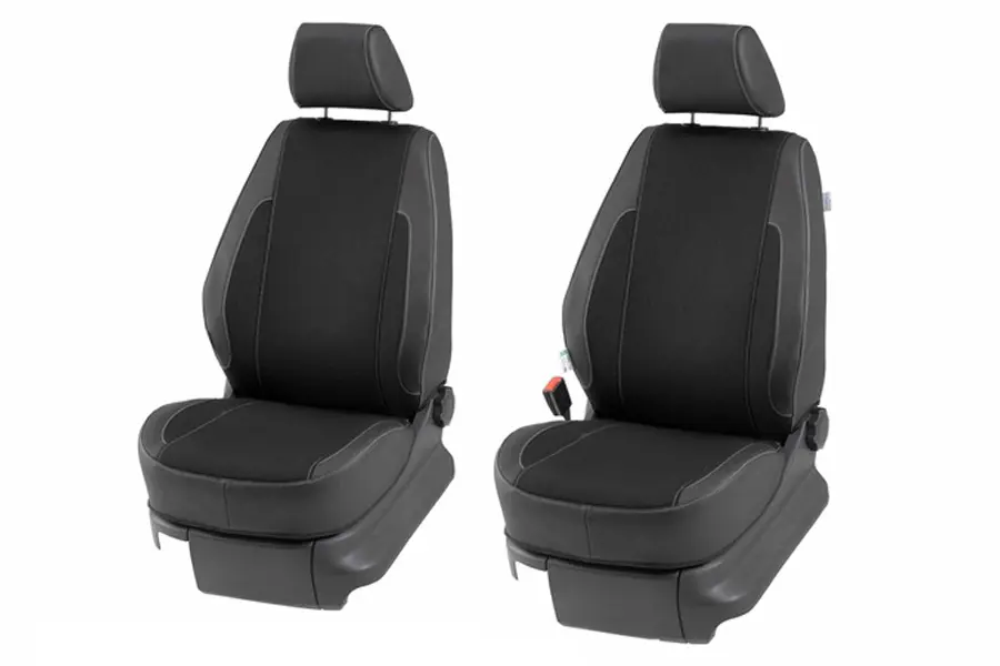 Klädsel 2-sits till Ford Connect och VW Caddy passar 2025-. Uttag för svankstöd och armstöd förarstolens insida  2-sits med delad rygg och dyna.